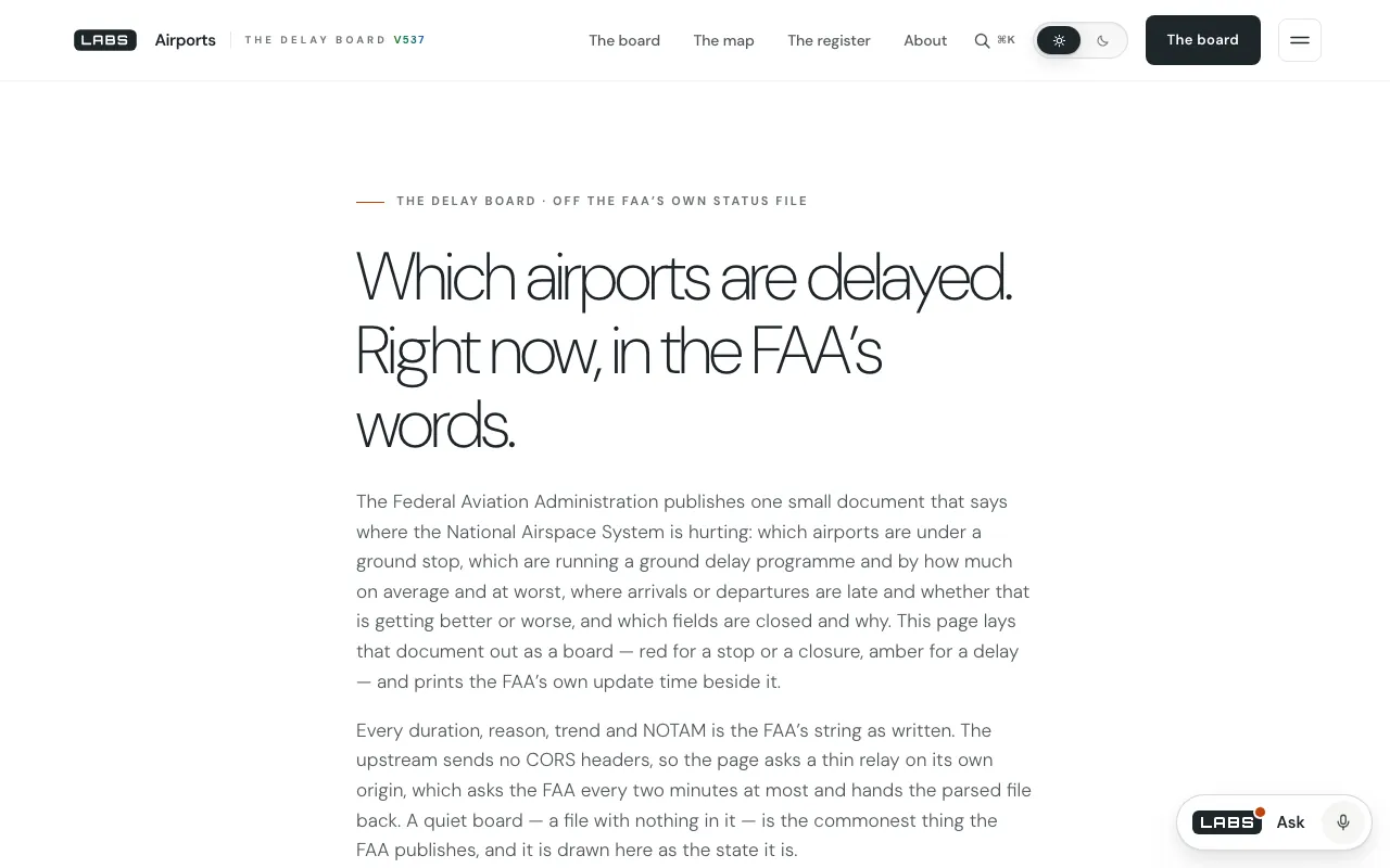 Screenshot of the labs.llc Airports page at desktop width: the headline 'Which airports are delayed. Right now, in the FAA's words.' followed by two paragraphs describing the FAA's status document, the board and its relay.