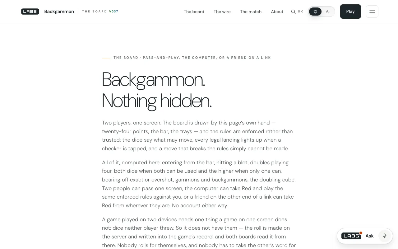 Screenshot of the labs.llc Backgammon page at desktop width: the headline 'Backgammon. Nothing hidden.' above three paragraphs on the enforced rules, playing the computer, and two-device games whose dice are rolled on the server.