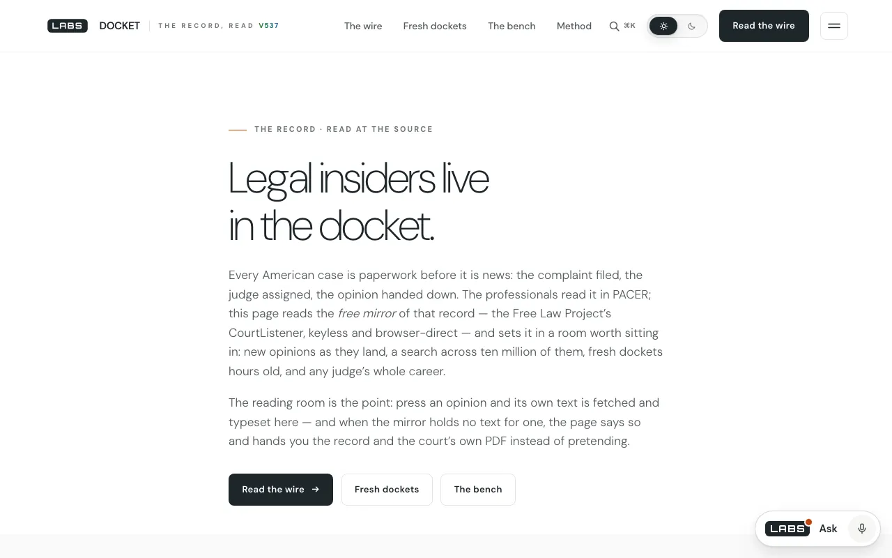 Screenshot of the labs.llc Docket page at desktop width: the headline 'Legal insiders live in the docket.', an introduction to reading CourtListener's free mirror, and the buttons 'Read the wire', 'Fresh dockets' and 'The bench'.