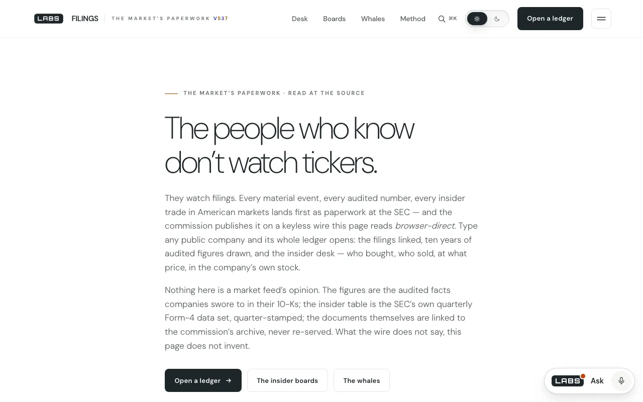 Screenshot of the labs.llc Filings page at desktop width: the headline 'The people who know don't watch tickers.', an introduction about reading the SEC's paperwork at the source, and the buttons 'Open a ledger', 'The insider boards' and 'The whales'.