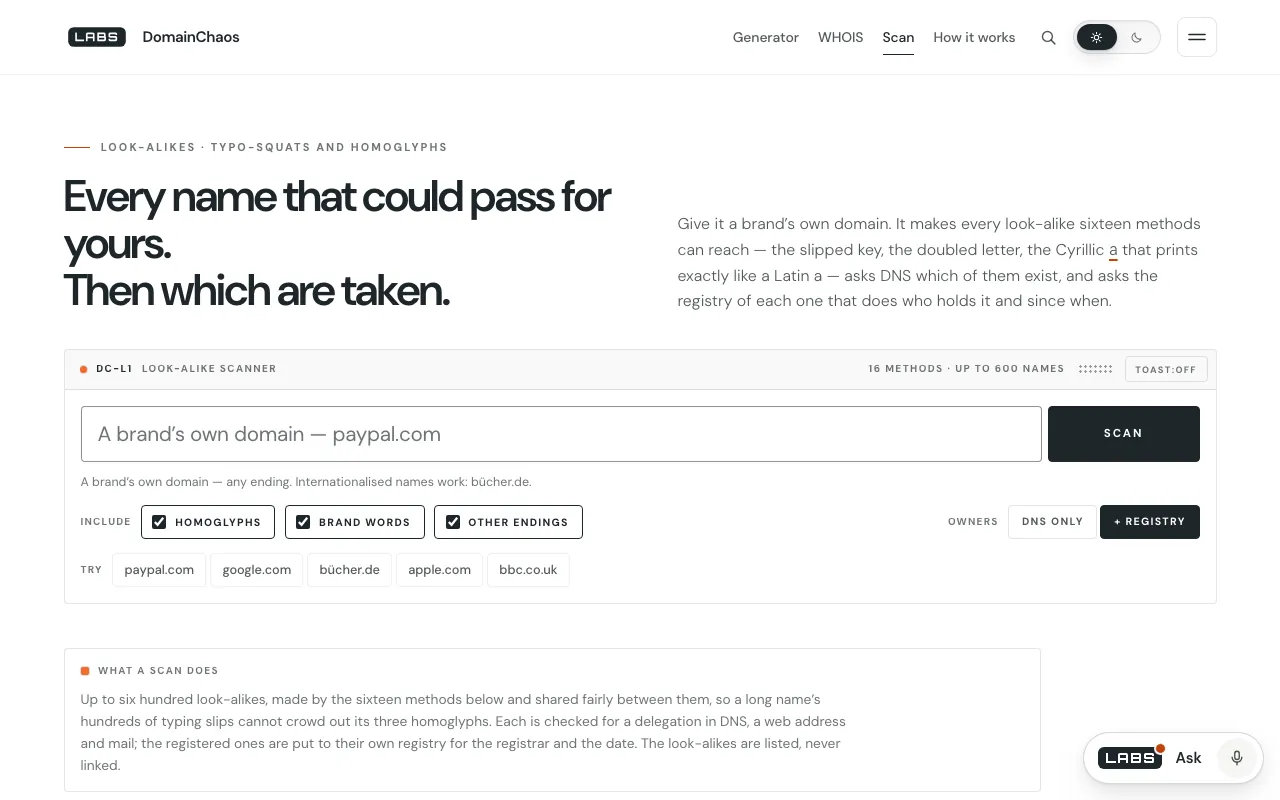 Screenshot of the labs.llc look-alike scanner at desktop width: the headline 'Every name that could pass for yours. Then which are taken.', a domain field with paypal.com as its placeholder, a Scan button, tick boxes for homoglyphs, brand words and other endings, and sample domains to try.