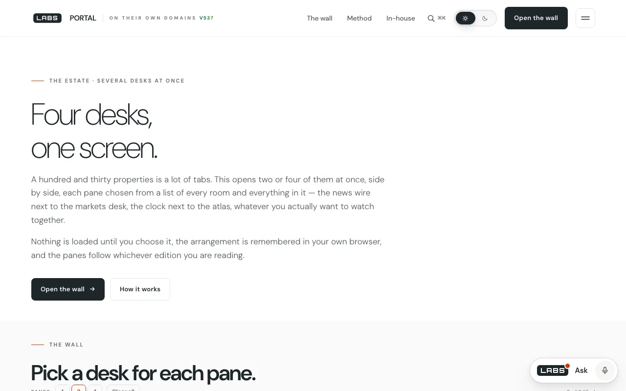 Screenshot of the labs.llc Portal page at desktop width: the headline 'Four desks, one screen.', an introduction, the buttons 'Open the wall' and 'How it works', and the start of a section headed 'Pick a desk for each pane.' with pane-count buttons.