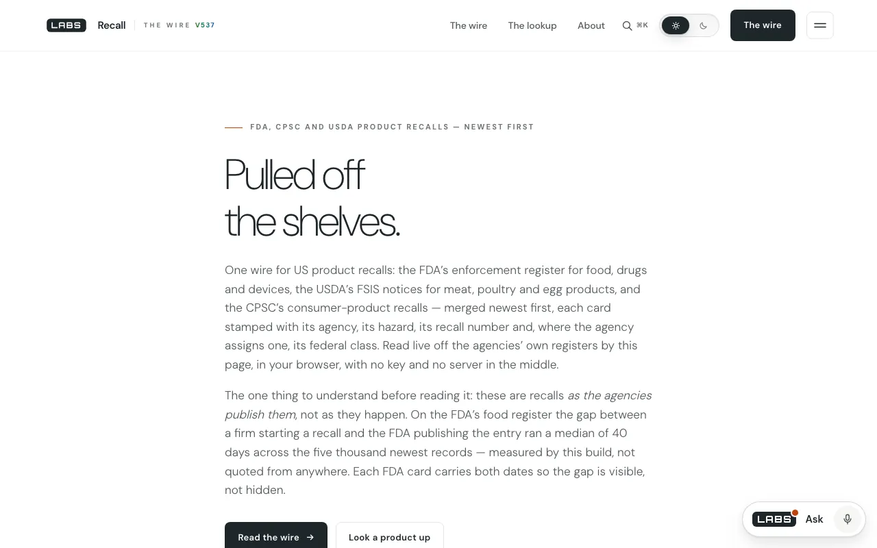 Screenshot of the labs.llc Recall page at desktop width: the headline 'Pulled off the shelves.' and an introduction describing one newest-first wire of FDA, USDA FSIS and CPSC recalls.